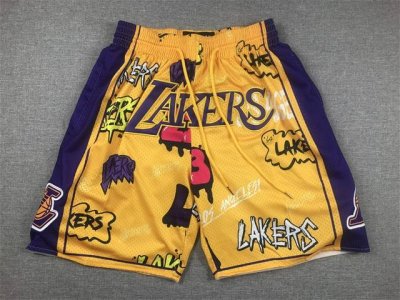 款号K124 顶级刺绣版本 湖人队涂鸦刺绣口袋裤篮球短裤 Just Don Nba 球队球裤系列单品 -定制优质网眼布面料，Dri-Fit 技术导湿速干， 防静