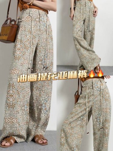 裤子 油画系斑驳陆离植物提花亚麻腿腿裤，中高腰的设计很好的拉长下半身的比例，一点也不压身高时髦度也刚刚好松弛慵懒 Smlxl
