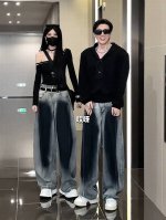 款号Xk3262 美式渐变弯刀牛仔裤男女款春秋美式复古高级感裤子宽松阔腿工装裤，面料定制经过一流的高工艺水洗 ，质地紧密 色泽均匀 纹理清晰，上身非常舒适 直筒