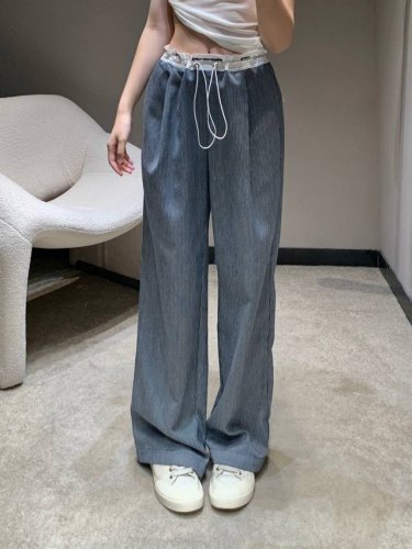 alexand*R Wang 25Ss春夏新款 拼接条纹抽绳直筒裤丨独家高版出品！定制Yb斜纹全棉材质 肌理明显 透气好穿 阔腿直筒长裤剪裁 搭配白色褶皱抽绳腰