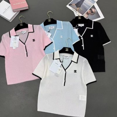 chane*春夏新款 V领针织短袖 翻领撞色上衣 上身舒适又百搭经典又辨识度满满的小标刺绣 干净又大方