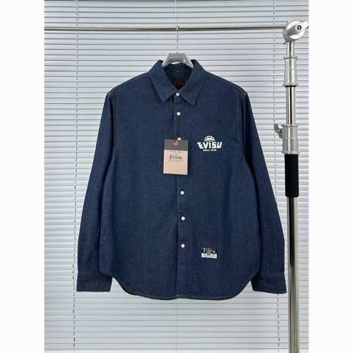 福神胸口字母印花衬衫 深蓝 S-M-L-Xl Evisu 福神 2025年春季新品男女同款休闲运动流行商标印花衬衫 货号 2Eshtm5Dl7046Rxdn 选