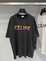 款号Y214 Celine 正印Logo短袖 独家定织定染纯棉料 柔软舒适 前副ＣＥＬＩＮＥ彩色字母Logo印花 男女同款 Xs-L