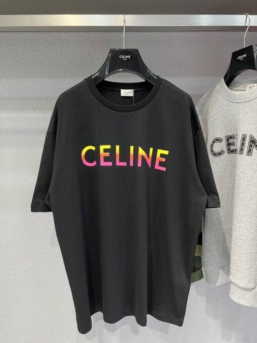 款号Y214 Celine 正印Logo短袖 独家定织定染纯棉料 柔软舒适 前副ＣＥＬＩＮＥ彩色字母Logo印花 男女同款 Xs-L