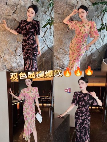 连衣裙 爆美！经典抽绳鱼尾定制超美花色连衣裙，乔其纱面料轻薄凉爽夏季必备！超仙女超减龄！名媛淑女穿搭！气质优雅！必补单爆款！双色四码 S M L Xl