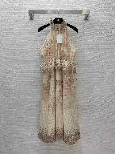 款号G25032539 Zimmerma*N兹默曼澳洲品牌 高端定制时尚复古花朵印花 腰间抽绳设计荷叶边拼接收腰大摆挂脖无袖连衣裙！1.2.3.4 Smlxl