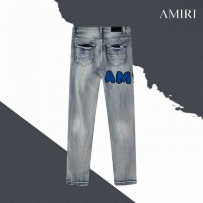 款号Sl64 Amiri 蓝色贴布字母破洞紧身牛仔裤顶级版本 男女同款 三标齐全 区别市场通货 随意对比 水洗裤身对花位剪裁缝纫 采用具有光泽感的丝光绣线 由意