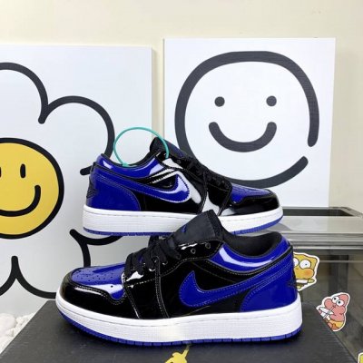 高版本 Aj Jordan Air Jordan 1 Low 耐磨防滑 Aj低帮漆皮黑蓝 复古板鞋 36-44码