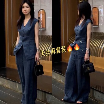 套装 天丝麻洋气炸街高端套装 马甲裤子两件套装奢华大气Sml