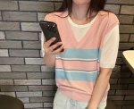 休闲减龄刺绣拼色假两件套头天丝针织衫短袖 夏装时尚减龄上衣 可配货