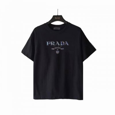 实拍细节图+尺码表 prada普拉达字母硅胶批彩色绣花布工艺情侣休闲短袖T恤 最高版本！定制面料270克100%双纱全棉！字母硅胶批彩色绣花布工艺设计！ 辅料：