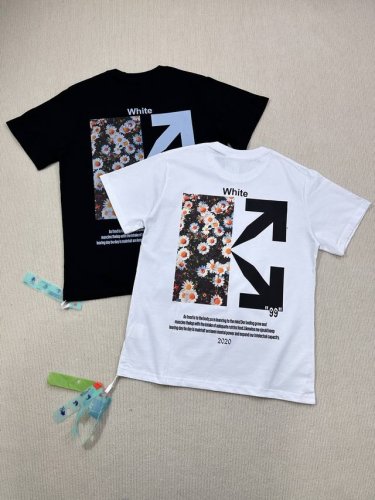 顶级版本上新 O47# -Off-White 王一博同款 小雏菊合作款 Ss24重工独家新款Ow后背花卉箭头Virgil Abloh警戒线高街复古短袖T恤 男女