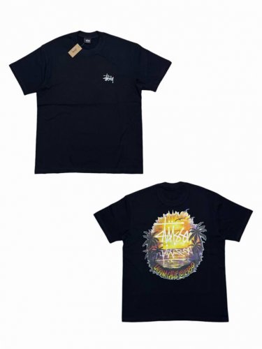 s282# Stussy Ss24 椰子树日落风景宽松休闲短袖T恤 男女款 采用圆筒无缝工艺 原版工艺 衣服侧面没有缝合骨位 鉴定重点 面料：全都订织定染，2