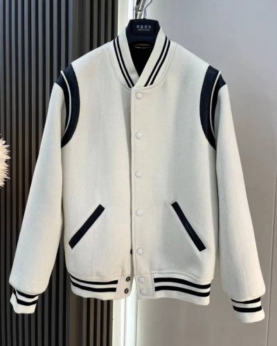 ysl 圣罗兰经典羊毛呢皮革拼接黑白夹克棒球服外套 各路明星同款外套 定制圣罗兰字母纽扣 配套色织色染高密度螺纹非常好看 经典百搭 谁穿谁好看 不是帅就是酷 经
