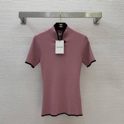款号G25041129 Valentin*O华伦家夏季新款 新中式国风盘扣撞色拼接修身显瘦立领短袖针织衫上衣！粉色， M码：胸围66～88，袖长20，衣长59