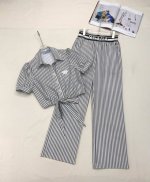 pr141* 25Ss新款套装 条纹拼色 松紧经典腰头设计 本布装饰腰带 经典三角标 高品质 单色三码Sml