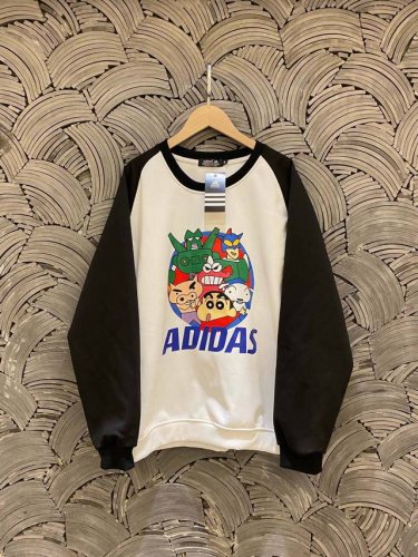 Adidas阿迪达斯 重磅纯棉蜡笔小新春日部特写镜头童趣卡通高品质落肩插肩袖卫衣情侣款 Color: 黑白色 Size: M-Xl M 胸围122 衣长70 C
