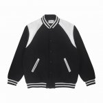 ce 24Fw 肩膀拼皮棒球服外套夹克 面料采用了羊毛睛纶混纺材质 整件衣服使用羊毛螺纹可支持检测 肩部位置是皮料拼接工艺 皮质柔软纹路清晰 铜氨纤维内衬贴身穿