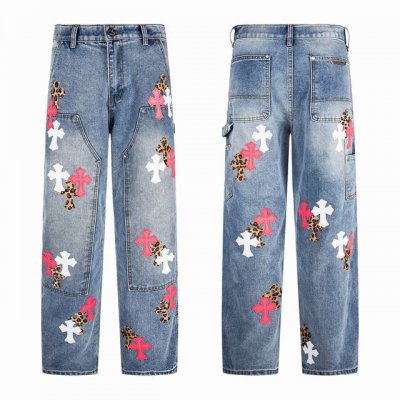 chrome Hearts 克罗心 Ch 克罗心蓝白多色拼皮泼墨牛仔美式工装长裤 全套五金开模 下摆手工流苏磨边破坏设计 拼白色真皮 然后在做贴布 真李维斯牛仔