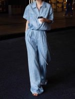 独特绝美亚麻套装夏季新款女高级感蓝色短袖衬衫阔腿裤两件套Smlxl