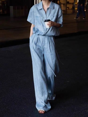 独特绝美亚麻套装夏季新款女高级感蓝色短袖衬衫阔腿裤两件套Smlxl