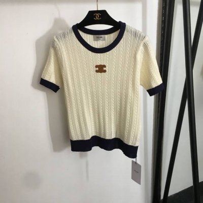 款号20252969 Celin*新款 Logo皮标拼色圆领麻花短袖针织衫 上衣 米白色 黑色 均码 肩宽36 胸围90 袖长21 长55