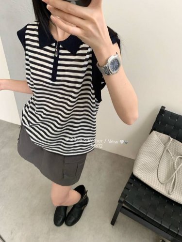 半拉链条纹翻领
