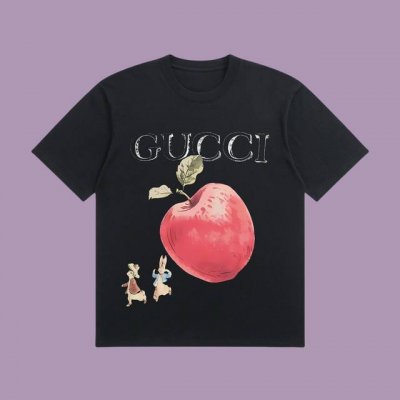 高端品质 Gucci 2025Fall 春夏系列 兔子苹果短袖T恤 区别普通印花 定织270G32支双纱纯棉面料 宽松版型 男女同款 Size：S M L Xl