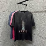 Balenci*Ga 巴黎2025早春新款 重工酸洗渐变做旧 胸前自由女神印花Logo 印花定制面料 短袖T恤 男女同款 尺码：S M L Xl Xxl 欧码尺