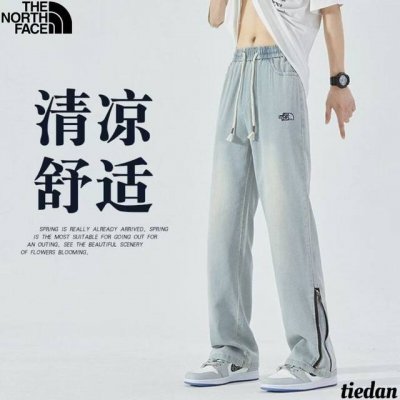 上新 北面The North Face春夏季新款，男女同款松紧腰抽绳裤脚侧边拉链水洗牛仔裤，男士简约风皮标Logo牛仔冰丝裤，休闲裤直筒裤！ 冰丝牛仔设计透气舒