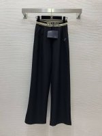款号D24110783 Prad*新款 P家经典金属三角标Logo装饰腰头织带拼接时尚百搭阔腿裤长裤！黑色， M码：腰围62～68松紧，裤长106