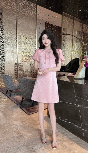 连衣裙 2670夏季爆款高品质 名媛气质优雅精致蝴蝶结流苏水滴领连衣裙 黑色 粉色 Smlxlxxl