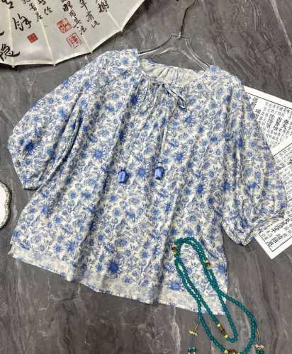 春夏新款 真丝织金青花瓷上衣 尺码：S- Xl 颜色：蓝色