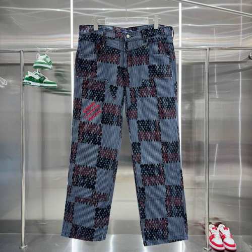 最新款LOUIS VUITTON 路易威登 FW24 x Timberland 苏格兰格纹提花经典卡车翻领棋盘格西部牛仔裤 添柏岚联名系列 最新红色刺绣字母LO