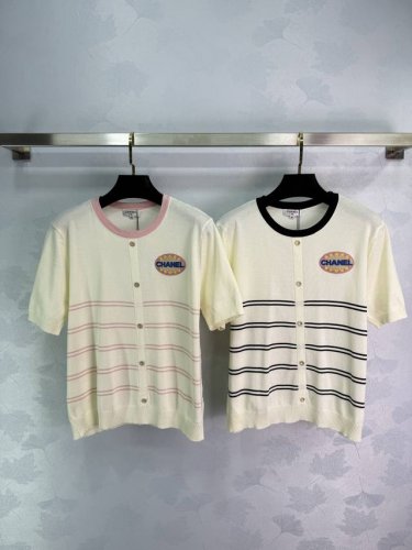 Chane*短袖上衣 夏季必备 经典刺绣徽标设计 粉色和黑色条纹款式 时尚百搭 2色3码Sml T226B