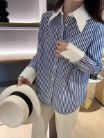 上衣 重磅主推！法式浪漫精致刺绣POIO领！高级蓝色调小众条纹衬衫！图色四码SMLXL 面料：棉混纺 S码胸围100肩宽42袖长59衣长67 每个码胸围平铺腰围