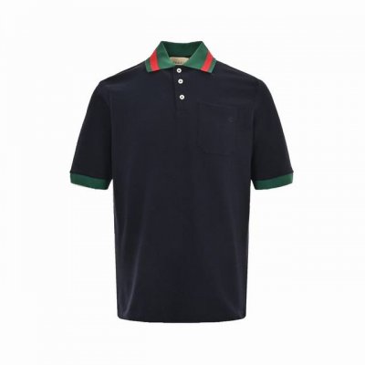 gucci 古驰 24Ss 红绿领刺绣双G口袋polo短袖 朱地面料260克 红绿条纹领刺绣双G短袖polo衫 深蓝色 size:Xs-L