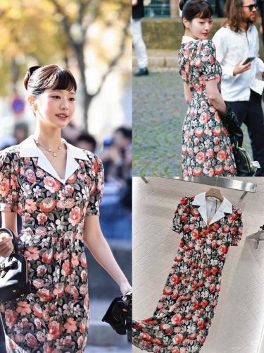 连衣裙 Miu*张元英同款 腰节打条工艺 印花白色翻领 泡泡袖 收腰显瘦气质赫本风中长款 连衣裙 面料 棉印花 里布四面弹 四码Smlxl