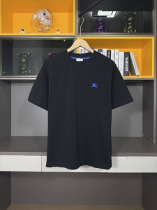 巴宝莉Burberry2025春夏 圆领短袖T恤衫#经典圆领款式 Ekd马术骑士徽章刺绣点缀 合体的剪裁 针织领部微微贴合颈部 上身更显时尚亮点 经典款式 搭配