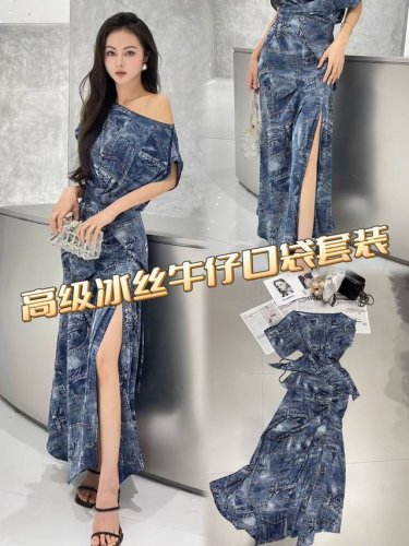 套装 高级牛仔口袋套装，冰丝材质，触感丝滑，自带高级质感，仿若为肌肤披上轻柔锦缎。不规则露肩设计，巧妙展露优雅肩颈线条，随性中透着精致。开叉裙摆灵动飘逸，行走间