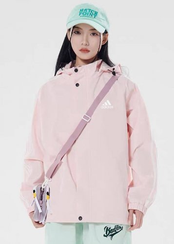 Adidas阿迪达斯 三条杠高品质牛津布软壳冲锋衣双层夹克内里连帽可拆卸帽子抽绳防风插肩袖登山外套情侣款 Color: 粉色 Size: M-Xl M 胸围10