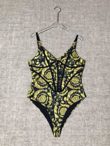 versace 范思哲 女士新品巴洛克黑金印花金属扣细节肩带弹力显瘦紧身连体衣Smlxl