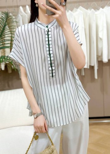 翻单出货 现货真丝双绉刺绣条纹上衣 面料：真丝100% 码数：S-Xl 颜色：图片色