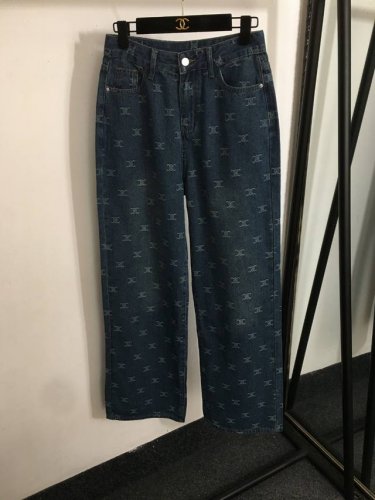 款号20252264 Celin*新款 凯旋门Logo提花阔腿牛仔长裤，蓝色，S-Xl， M码；腰围70，长107
