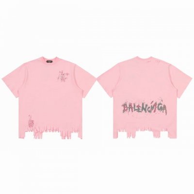 balenciaga 巴黎世家 25Ss 手绘涂鸦闪粉破烂下摆情侣圆领短袖T恤-顶级版本 Color：粉色 Size：S M L Number：240243 采