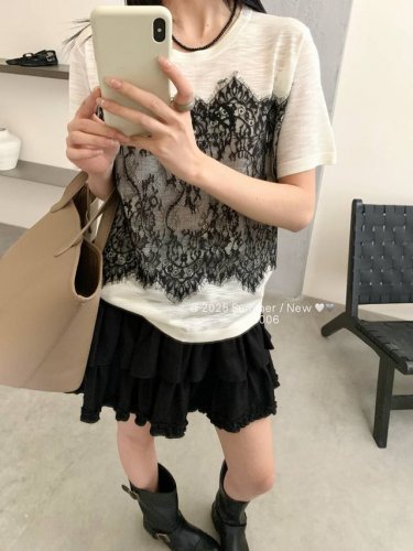 蕾丝短袖假两件