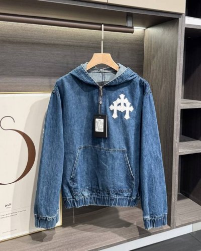 chrome Heart ｜ 克罗心 25Ss 十字架拼皮梵文字母男女同款牛仔衣连帽外套 新出的半拉链牛仔卫衣帽衫还不错 蛮休闲的，版型比较宽松，简简单单的蓝白