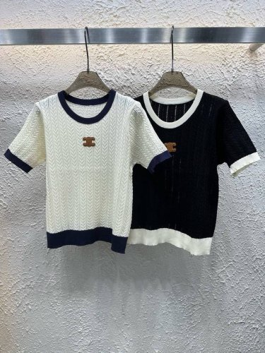 celine赛琳凯旋门皮标镂空麻花拼色针织短袖 款号：25670105257 颜色：白色 黑色 尺码：均码 80-125斤