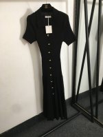 款号20252867 Sandr*新款 法式优雅 高端定制纽扣翻领单排金扣收腰针织短袖连衣裙 长裙，黑色，Sml， M码；胸围60，袖长21，长129