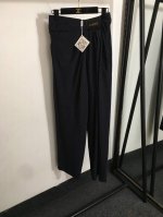 款号20252866 Loew*新款 Logo皮标装饰皱褶修身显瘦阔腿萝卜裤 拼色条纹长裤 西裤，藏蓝色，Sml， M码；腰围70，长109